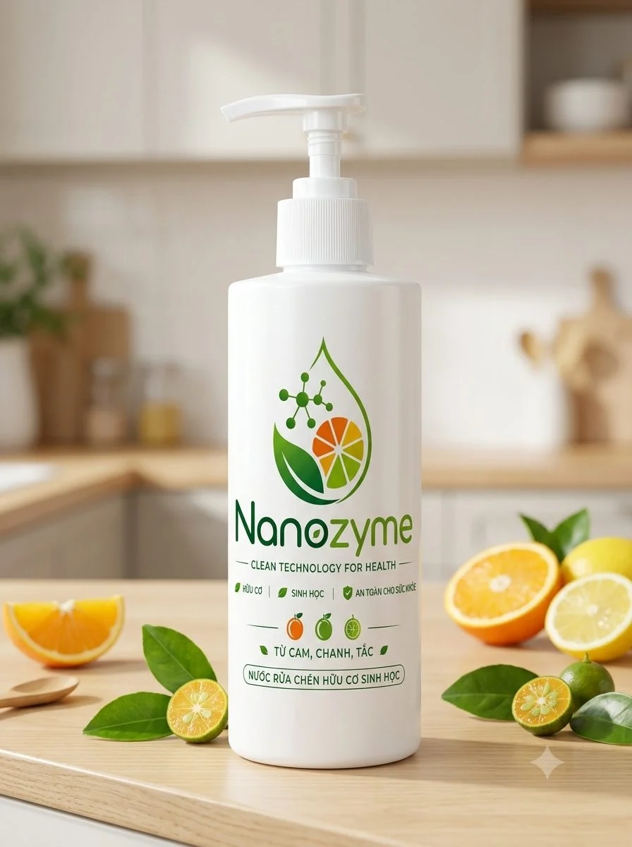 Chai Nanozyme nước rửa chén hữu cơ sinh học trên bàn bếp